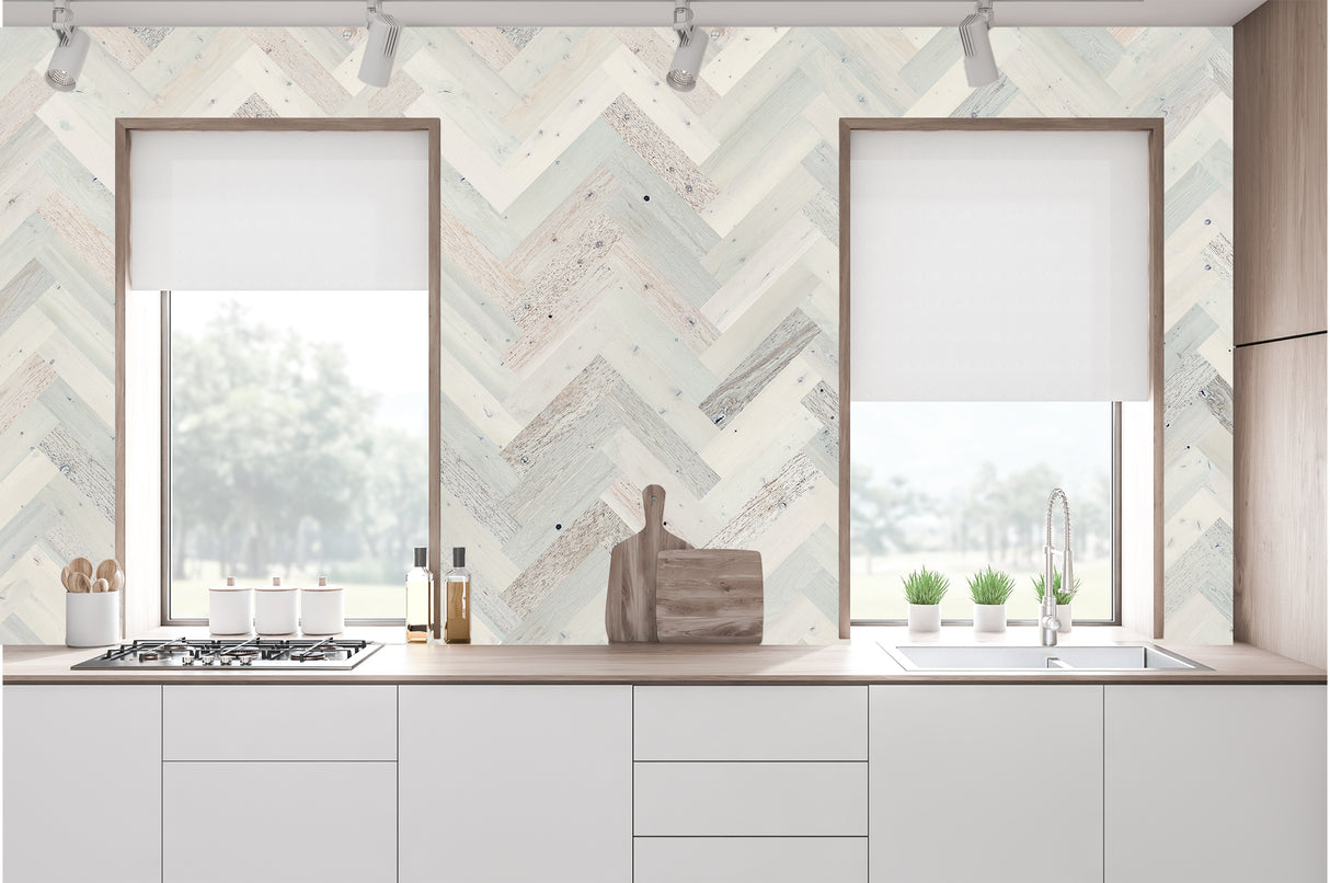 Herringbone Wood Wall Planks – Coastal White